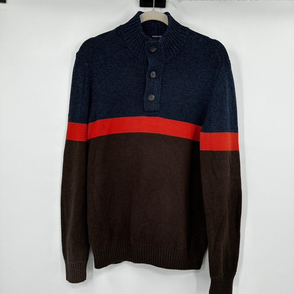 American‎ Eagle Mens Seriously Soft Colorblock Henley Sweater Navy Brown Medium